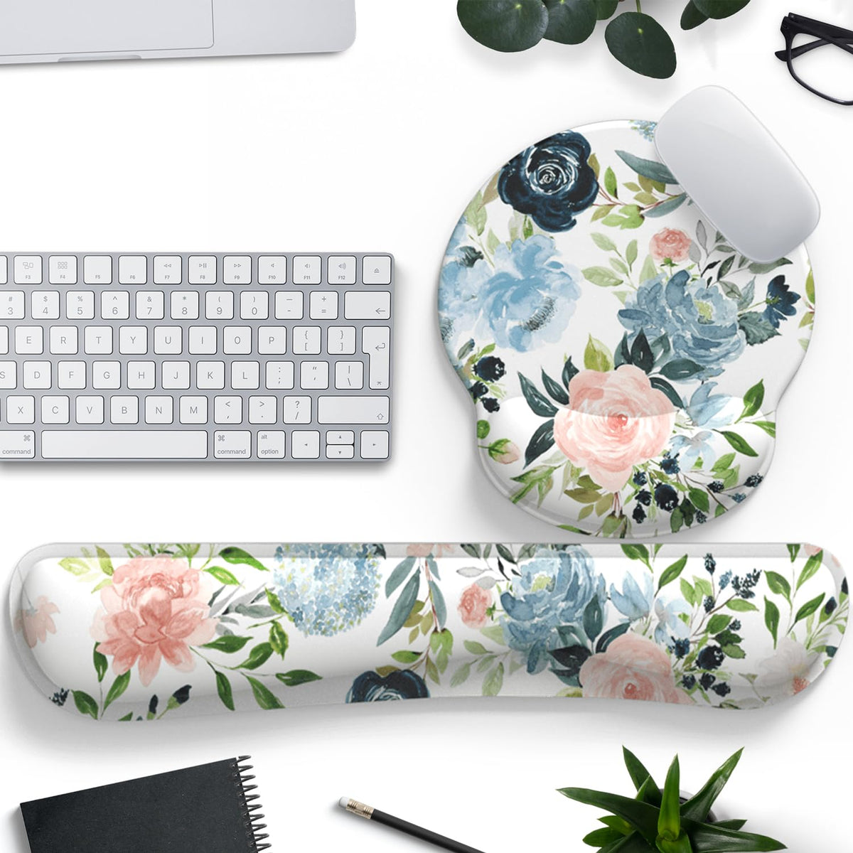 Green Blue Pink Floral Mouse Pad Wrist Support Keyboard Wrist Rest Set, Ergonomic Mouse Pad with