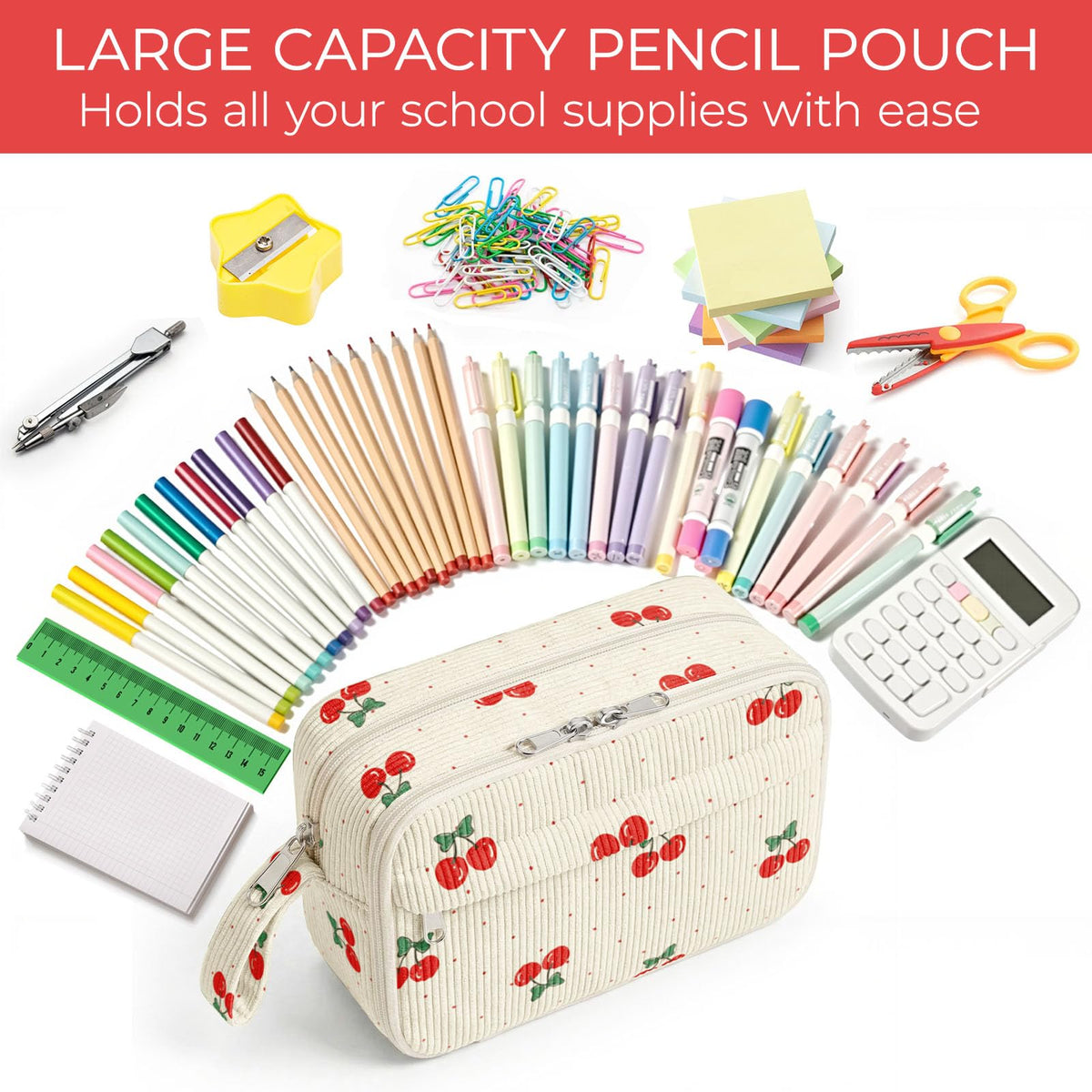 WOBAGMEN Cute Pencil Case,Large Corduroy Zippered Pencil Case Pouch, Aesthetic Pencil Bag with