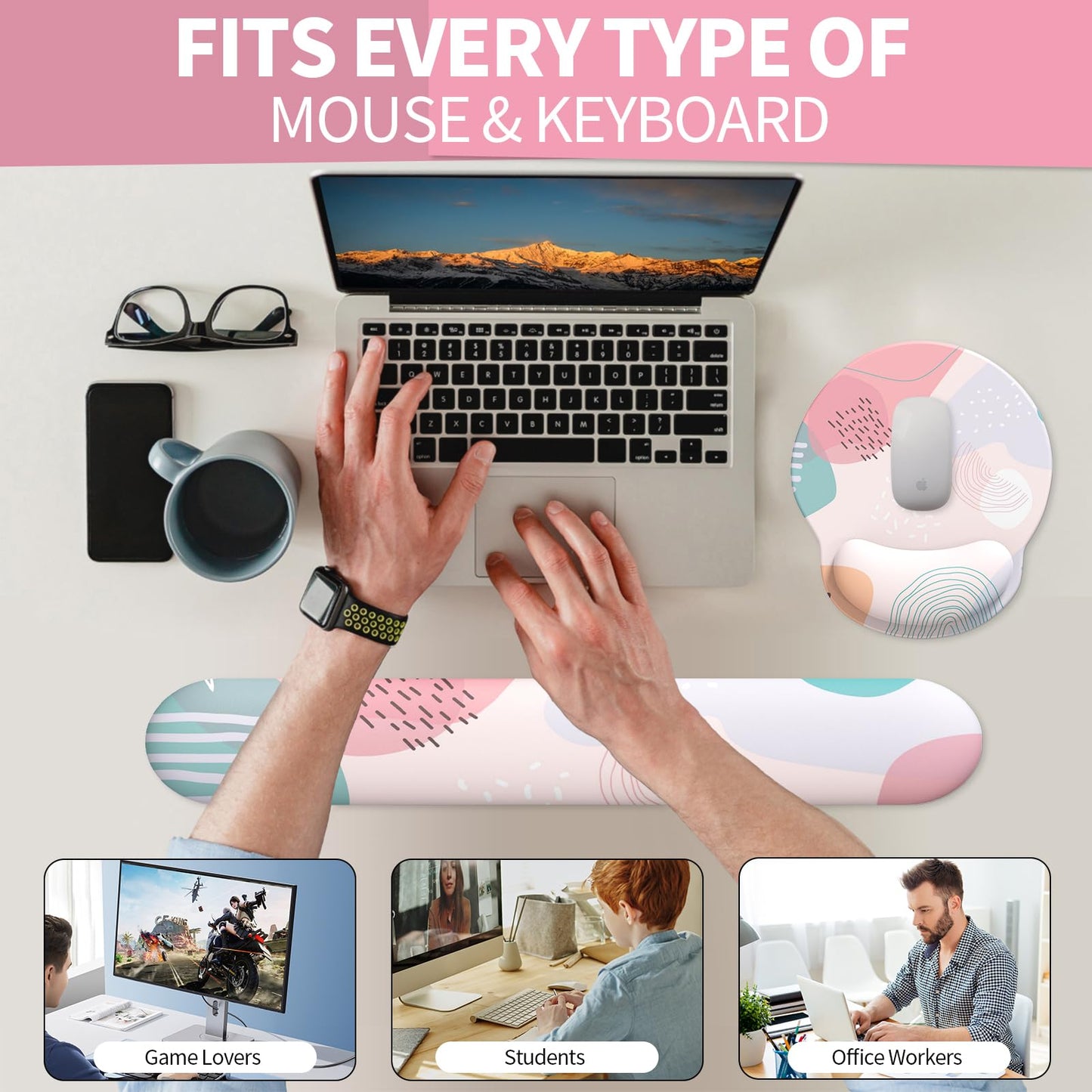 eulps Mouse Pad Wrist Support, Ergonomic Memory Foam Keyboard Wrist Pad & Gel Wrist Rest Set for