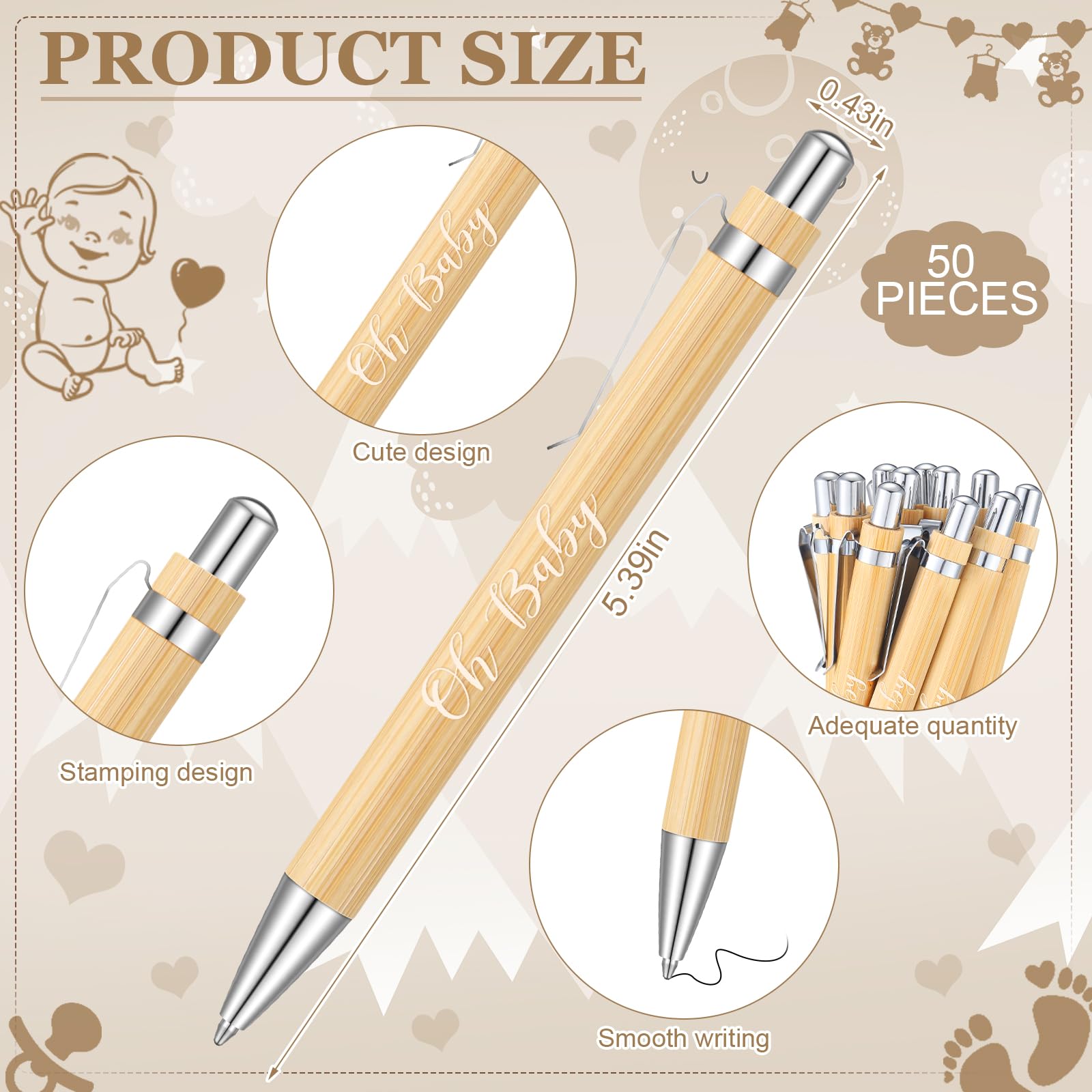 Gilprop 50 Sets Kraft Brown Baby Shower Favors for Guests Includes 50 Baby Shower Ballpoint Pens 50