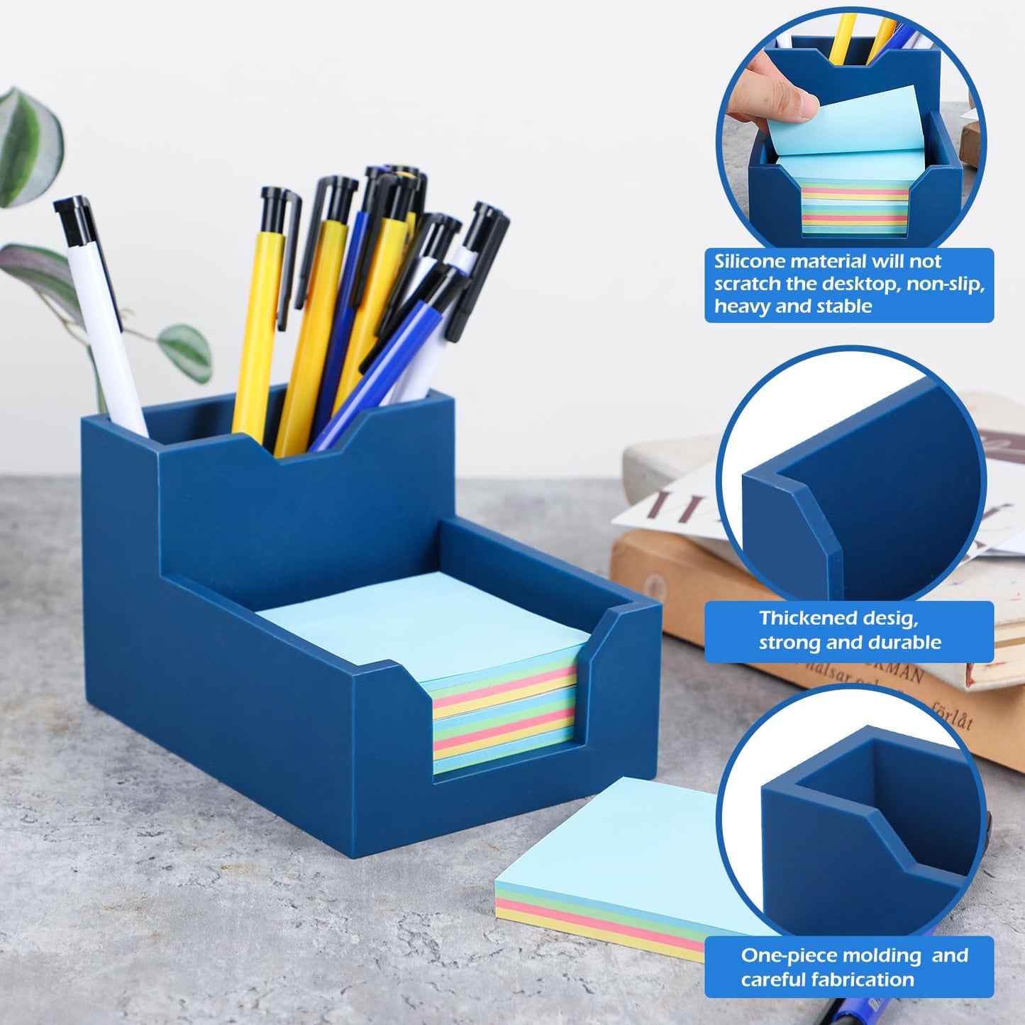 Blue Sticky Note Holder, Silicone Memo Holder with Pen or Card Slots, Sticky Note Dispenser, Fits