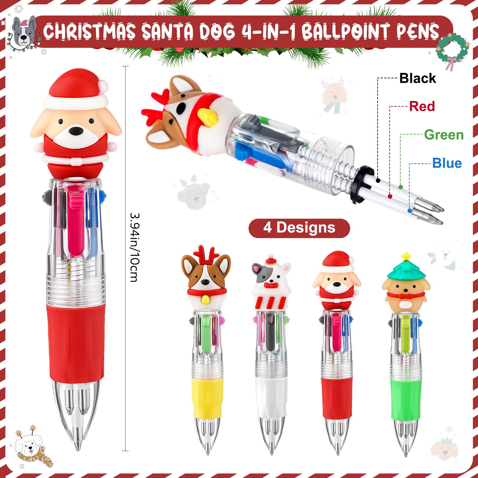 Sayglossy 24 Sets Christmas Dog Pens Bulk with Cards, 4-in-1 Multicolor Retractable Ballpoint Pens