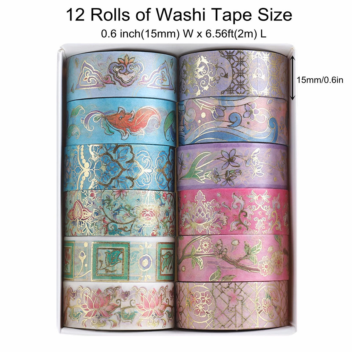 Esweny 12 Rolls Floral Washi Tape Set, Gold Foil Flower Decorative Washi Masking Tape, Botanical