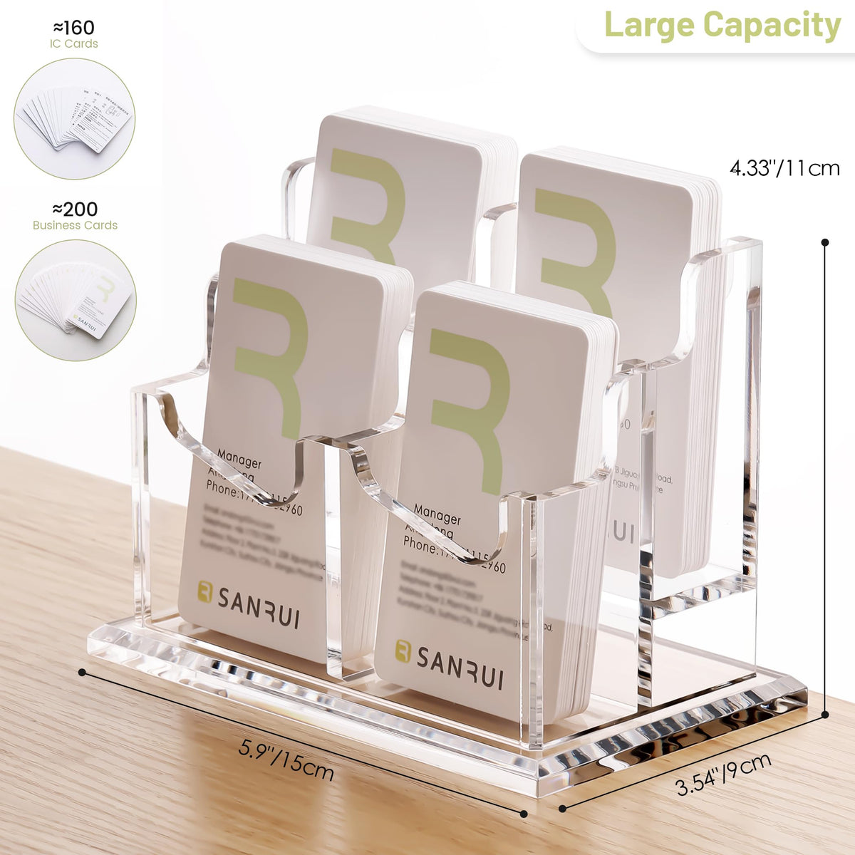 SANRUI Clear Acrylic Desk Business Card Holder, 4 Slots Vertical Display