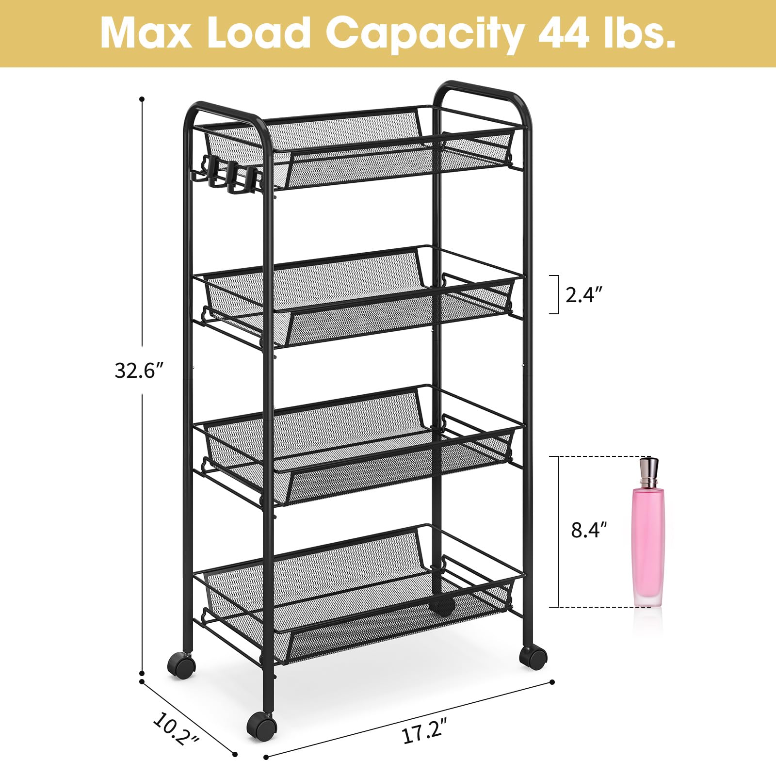 TOOLF 4-Tier Rolling Cart, Metal Utility Cart with 3 Hooks, Easy Assemble Mobile Storage Trolley On