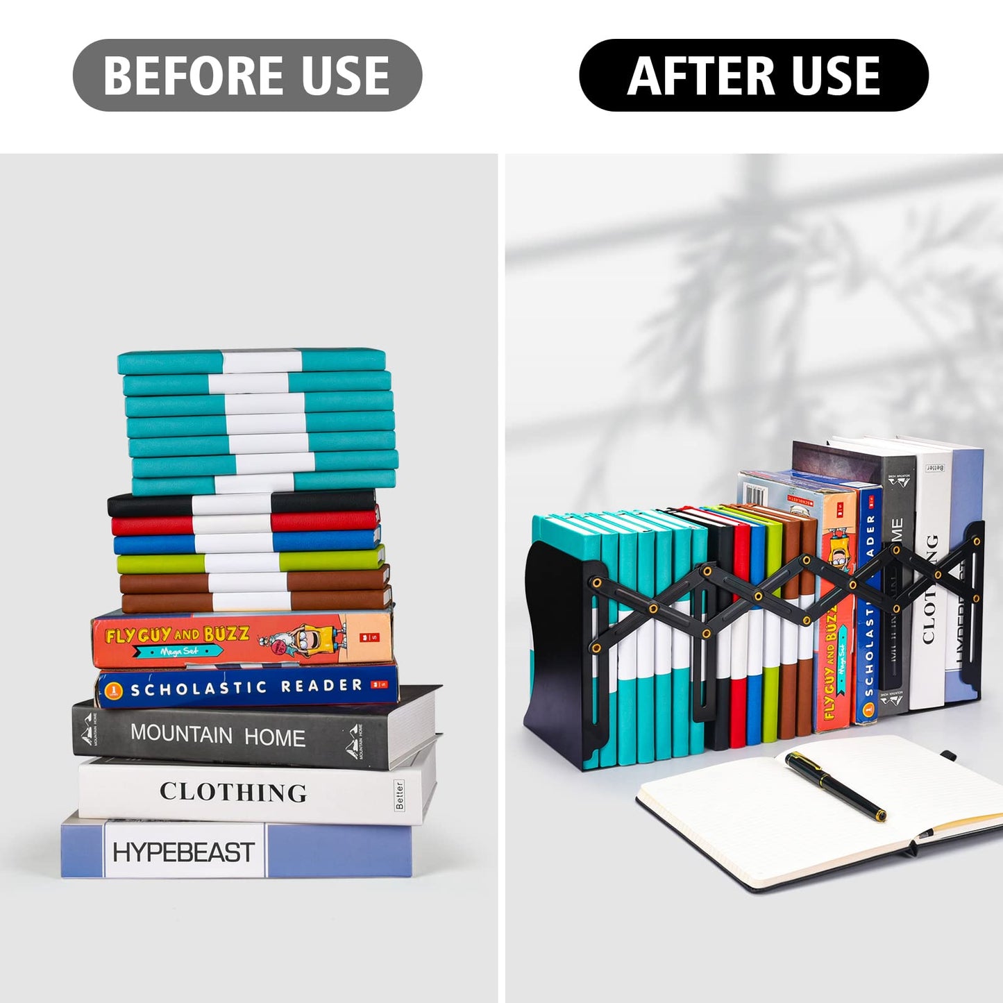 Adjustable Bookends, Metal Book Ends for Heavy Book, 2 Dividers, Nonslip Book Stander for Desk