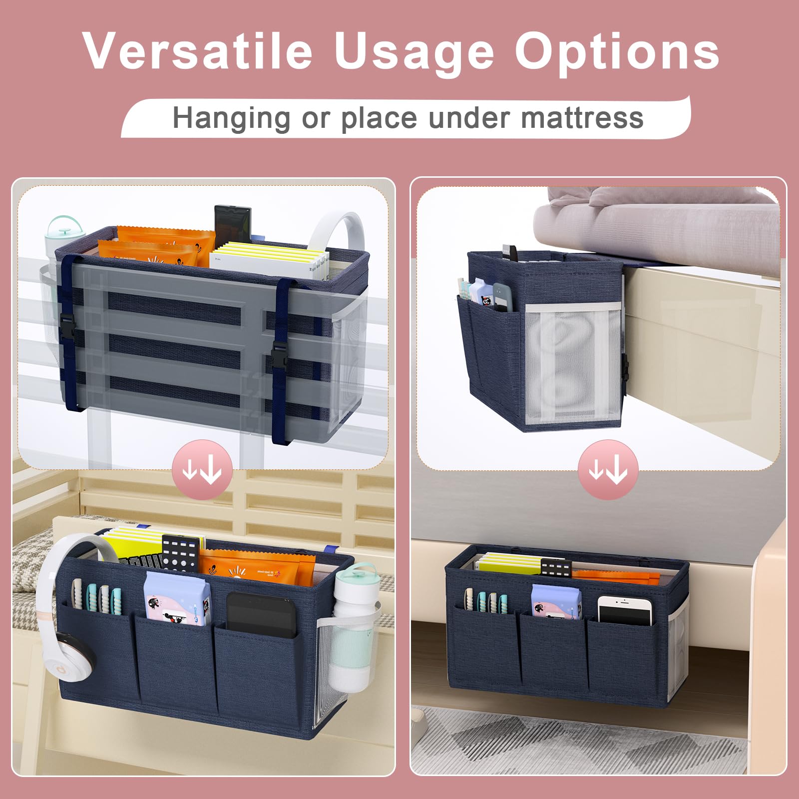 Bedside Caddy Storage Organizer for Bed Rails, Bed Caddy with 6 Pockets