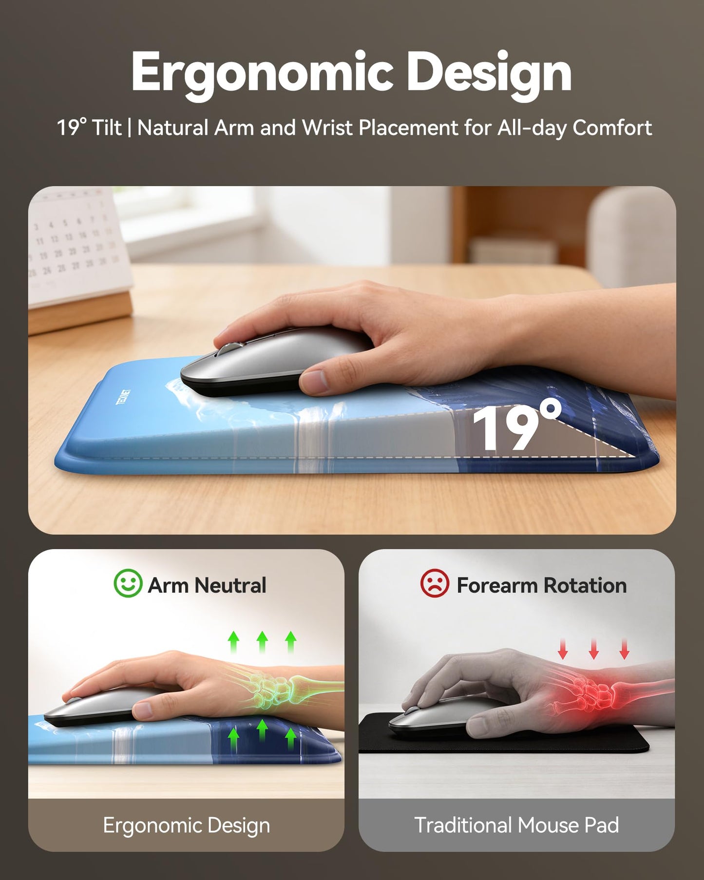 TECKNET Ergonomic Mouse Pad with Wrist Rest, All-Day Comfort & Pain Reliefv
