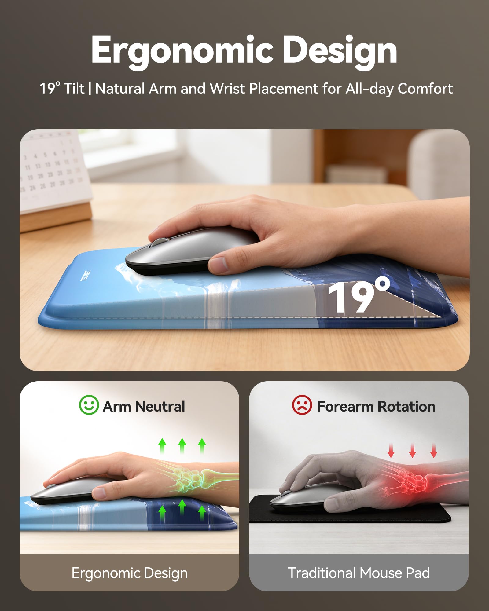 TECKNET Ergonomic Mouse Pad with Wrist Rest, All-Day Comfort & Pain Reliefv