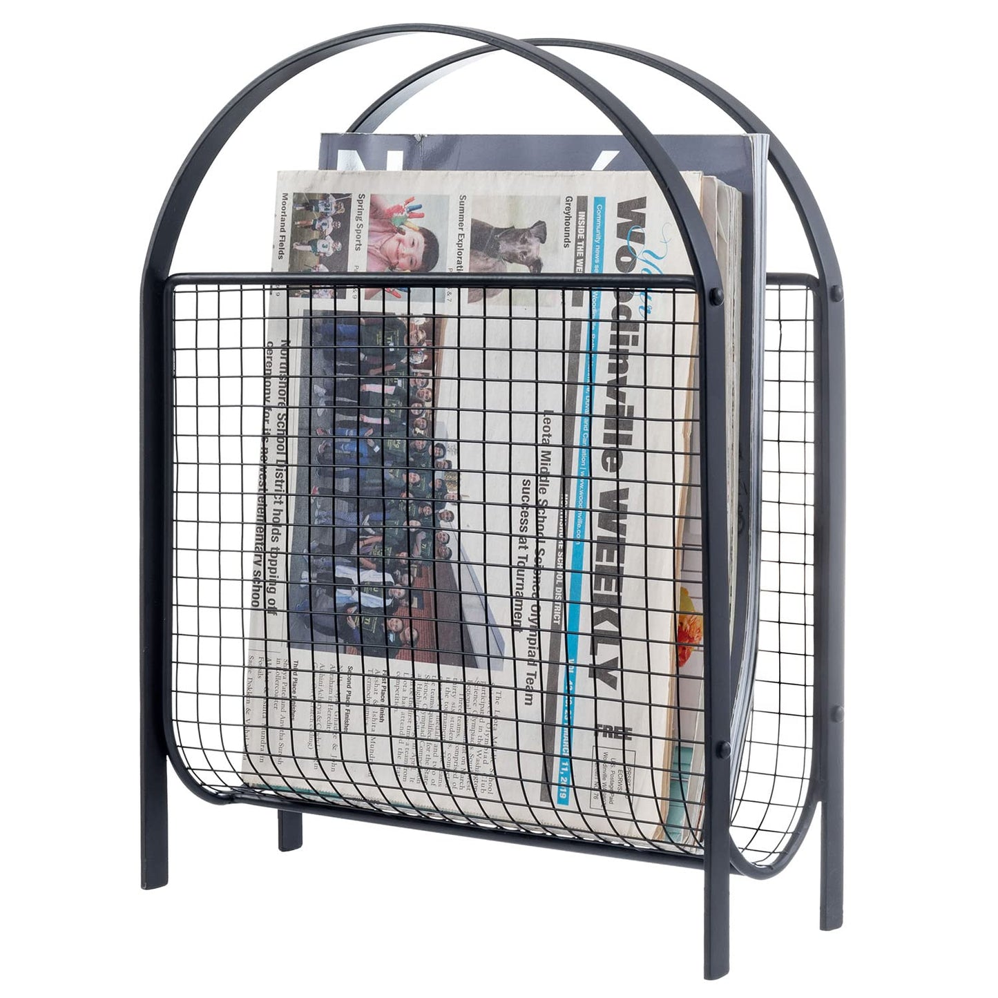 MyGift Mid-Century Design Magazine Rack, Matte Black Tone Metal Mesh Freestanding Magazine