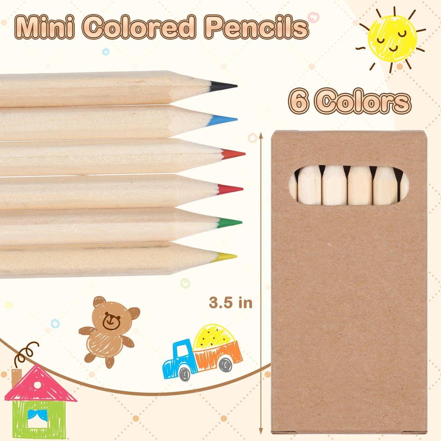 Ctosree 24 Packs Mini Colored Pencil Bulk 6 Per Box, Natural Wood, 3.5''