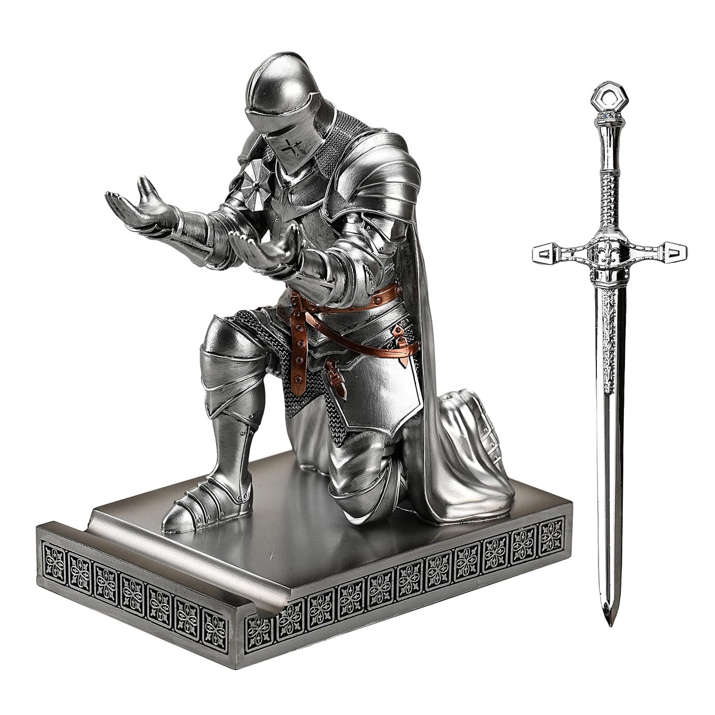 Medieval Armored Knight Pen Holder Figurine Paperweight Phone Stand Silver