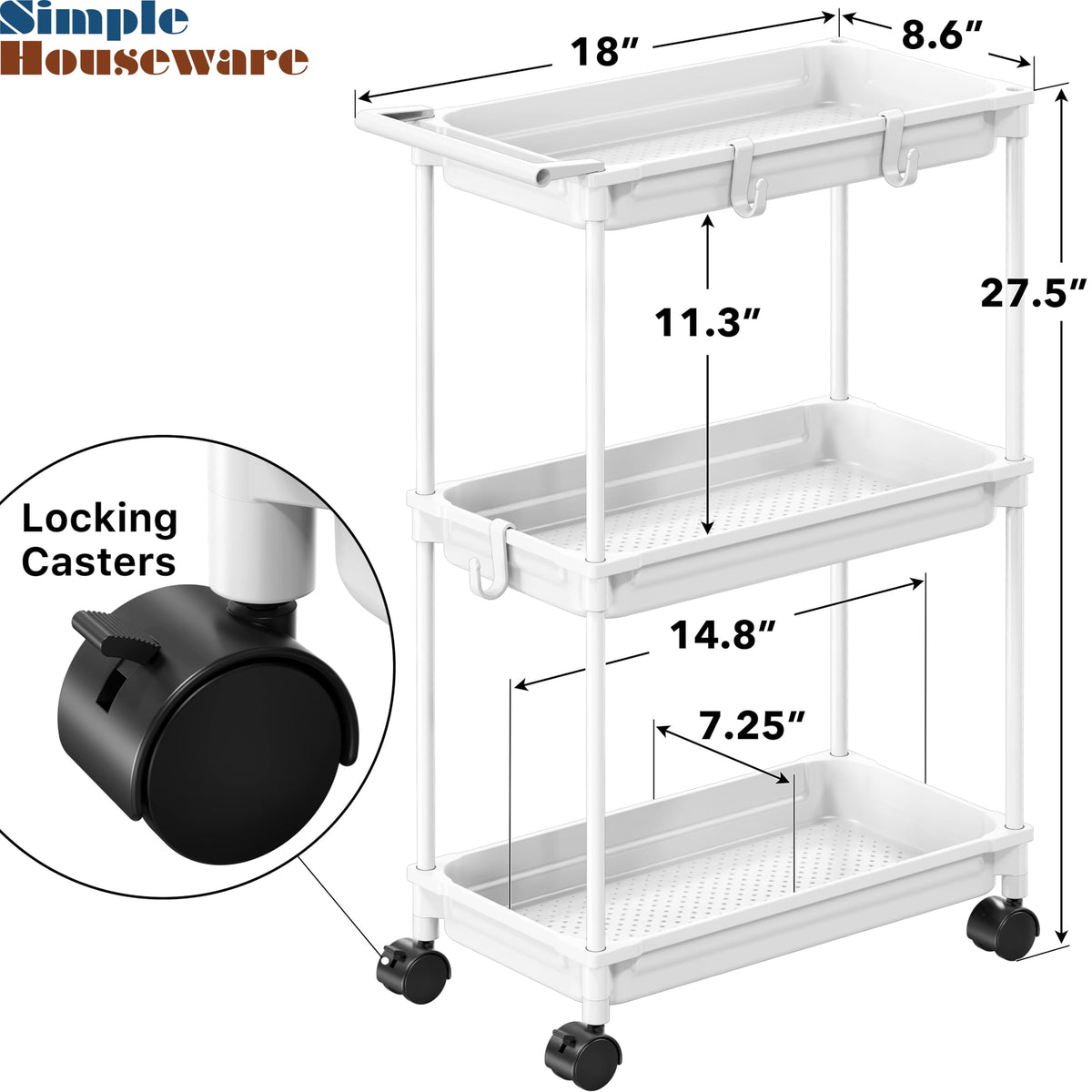 SimpleHouseware Standard 3-Tier Slim Rolling Storage Cart, White