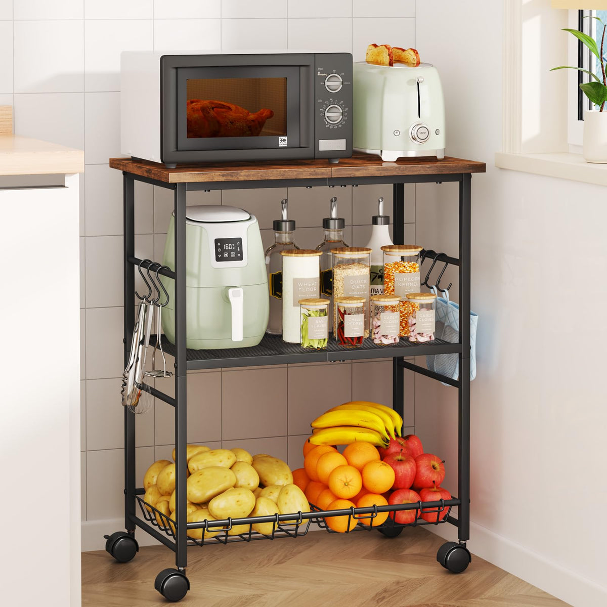 SWTYMIKI Rolling Kitchen Microwave Cart - 3 Tier Microwave Table Stand with Storage Basket and