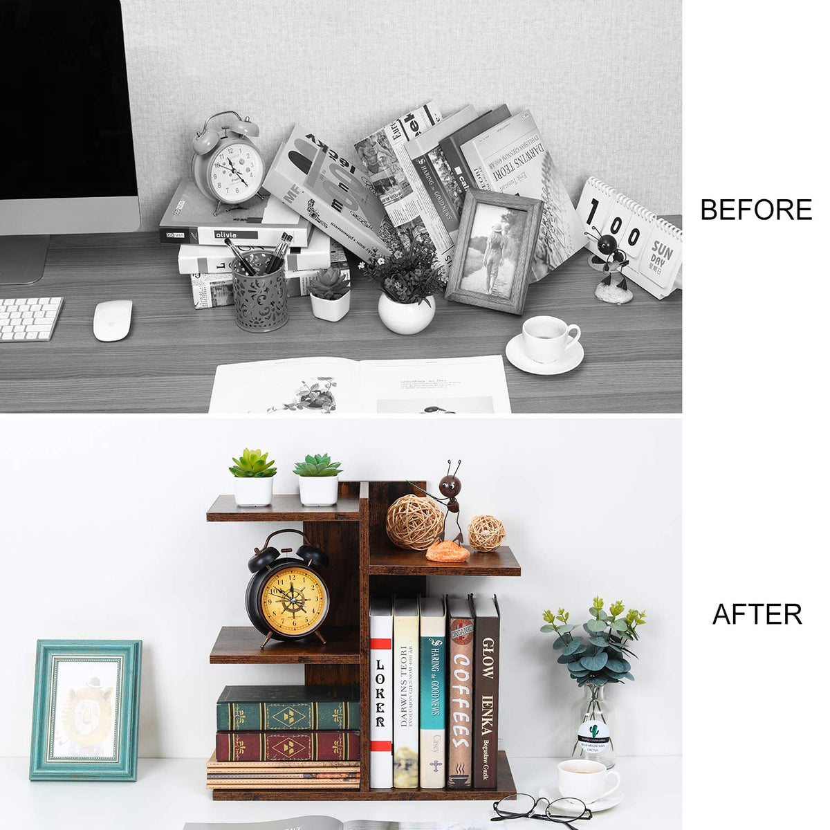 PAG-Mass Desktop Bookshelf Freestanding Wooden Countertop Bookcase Accessories Organizer Display