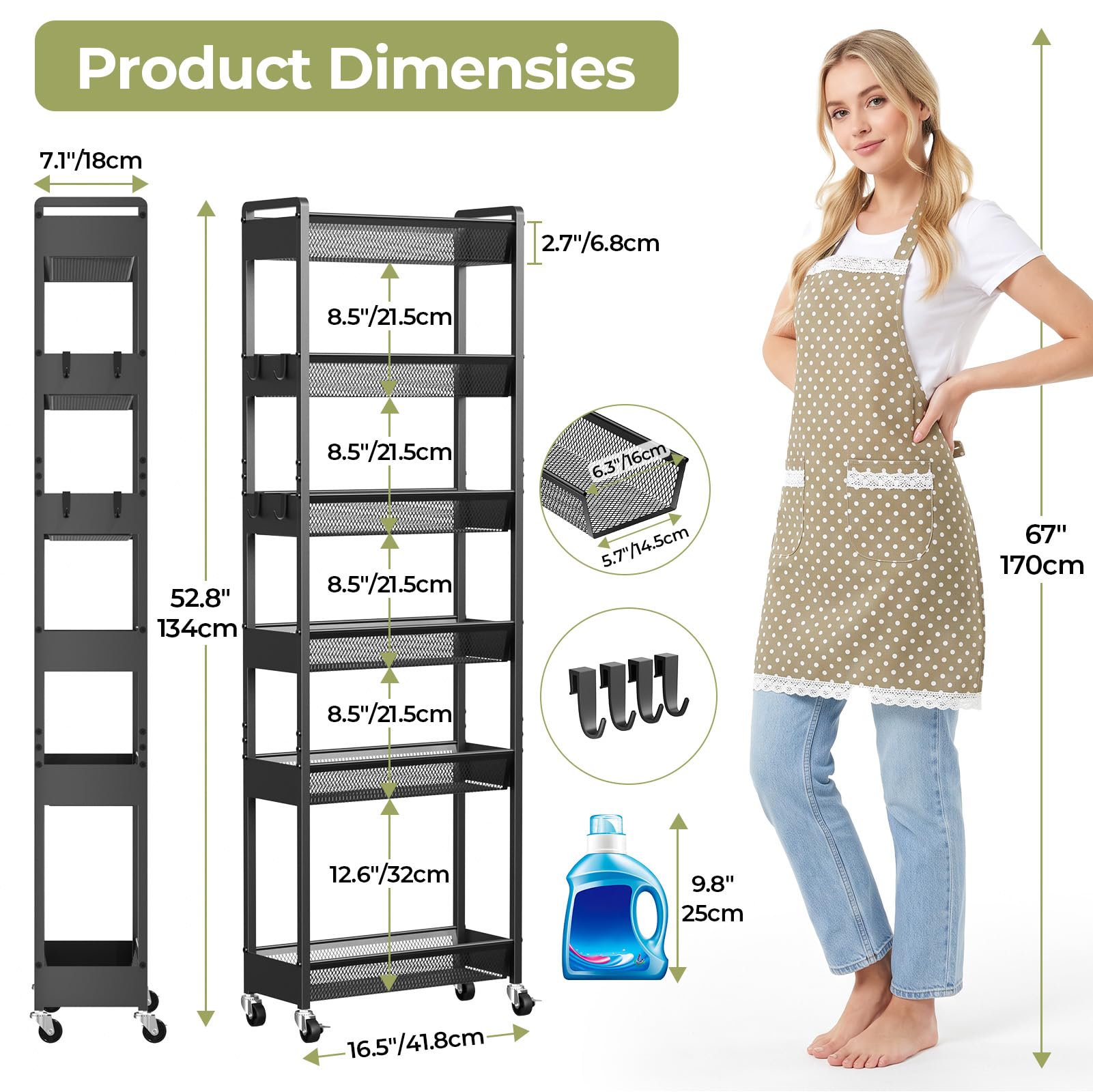 Delamu 6 Tier Slim Storage Rolling Cart, Utility Metal Narrow Cart 7.1" W