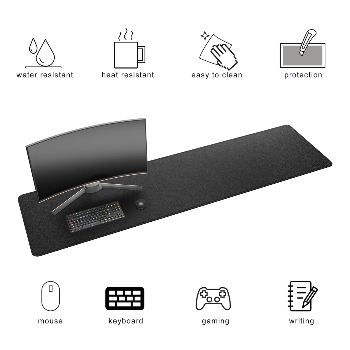 Chihein 71” x 20” Cork & PU Leather Desk Mat (Black) - Huge Mouse Pad, Double Sided Waterproof Desk
