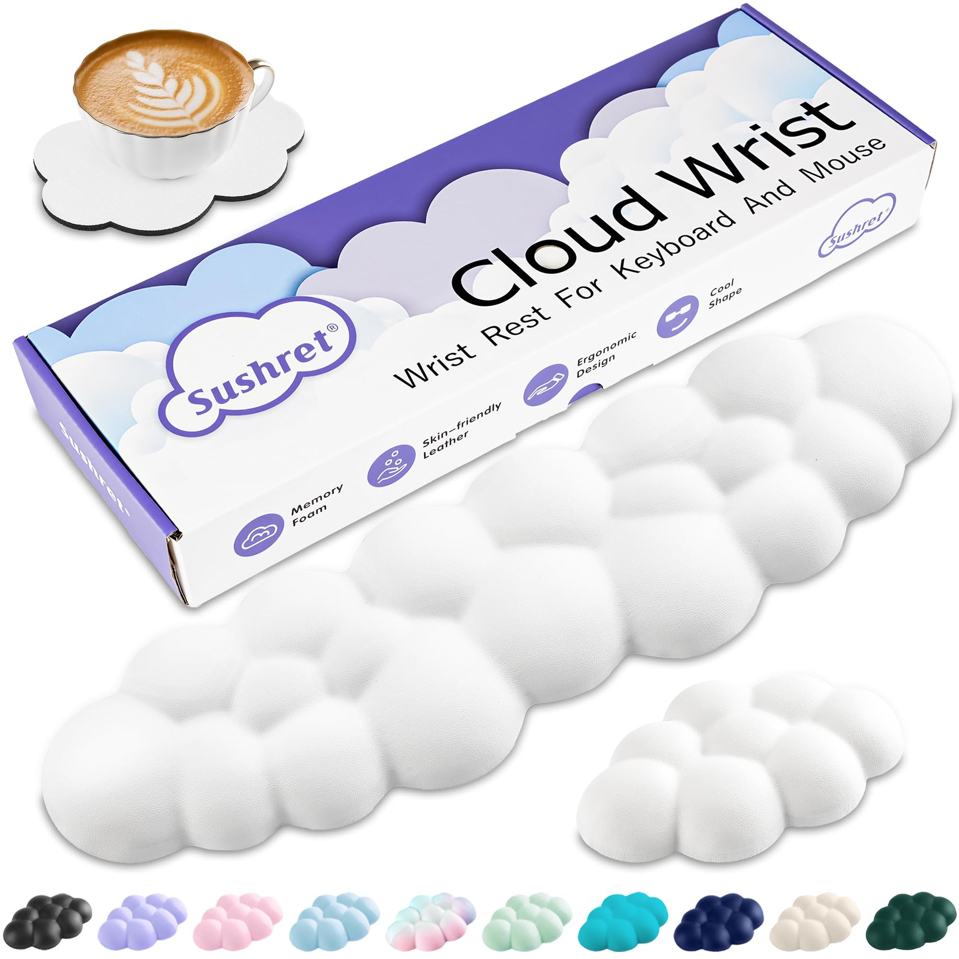 Sushret Cloud Wrist Rest Keyboard, Cloud Keyboard Wrist Pad Set with PU Leather Memory Foam, Cute