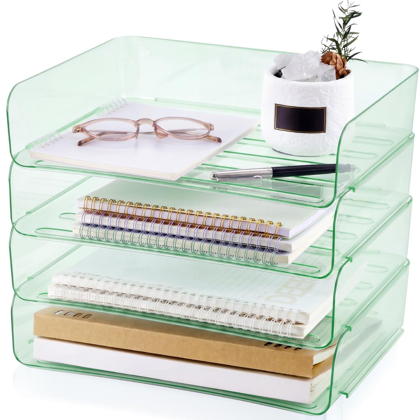 Harloon 4 Tier Clear Sage Green Acrylic Paper Organizer Letter Tray, Aesthetic Stackable Desk File