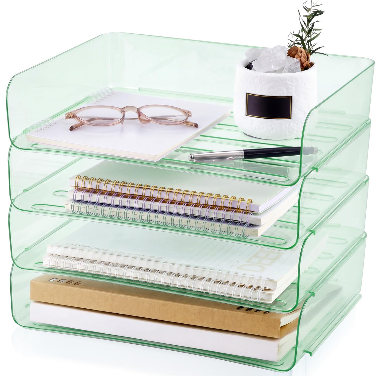 Harloon 4 Tier Clear Sage Green Acrylic Paper Organizer Letter Tray, Aesthetic Stackable Desk File