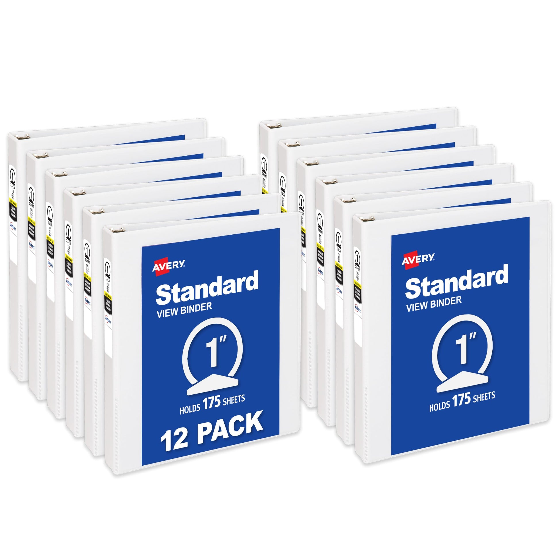 Avery Standard View 3 Ring Binders, 1" Round Rings, 12 White Binders