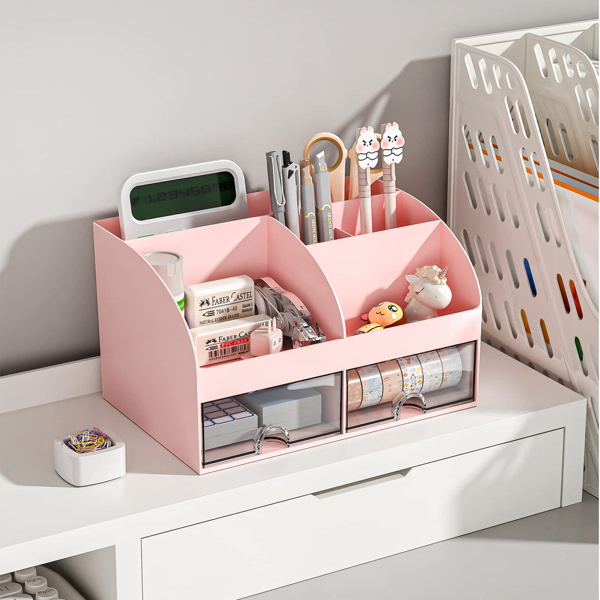 COMFYROOM Desk Organizer with 6 Compartments and 2 Drawers, Plastic Makeup Organizer, Pen Holder
