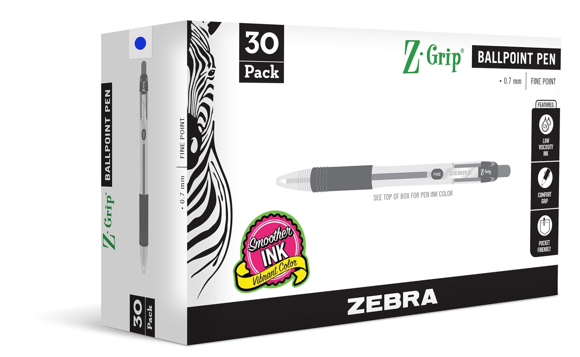 Zebra Pen Z-Grip Retractable Ballpoint Pen, Blue Ink, 0.7mm, 30 Bulk-Pack