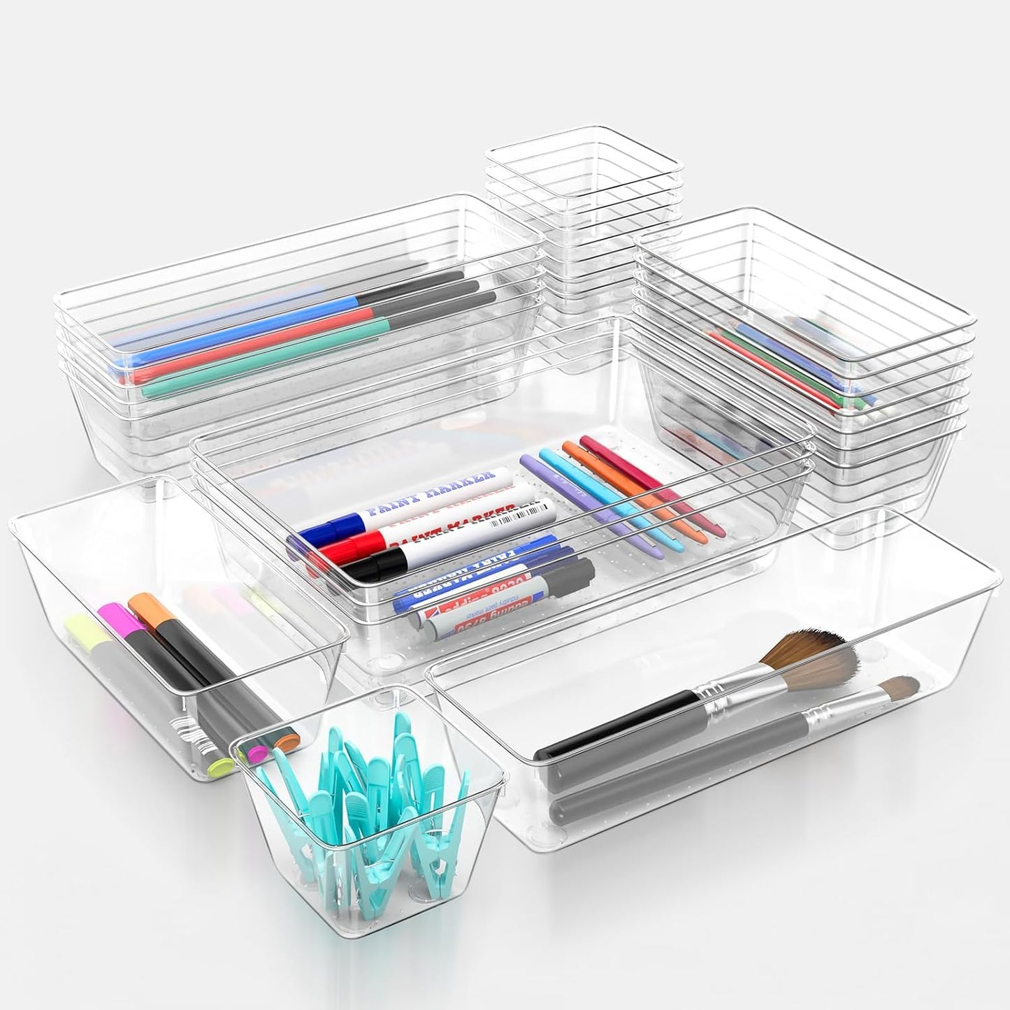 25 Piece Clear Drawer Organizer Set, 4 Sizes Bathroom Vanity Organizer Trays and Storage Bins for