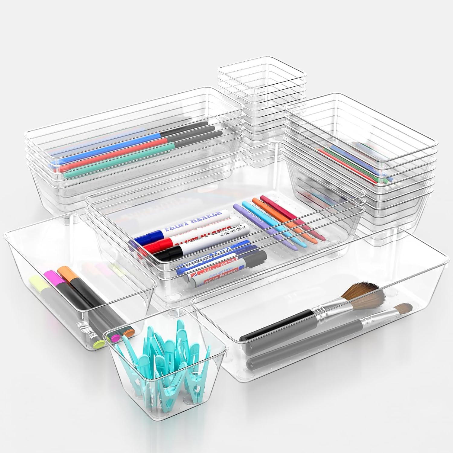 25 Piece Clear Drawer Organizer Set, 4 Sizes Bathroom Vanity Organizer Trays and Storage Bins for