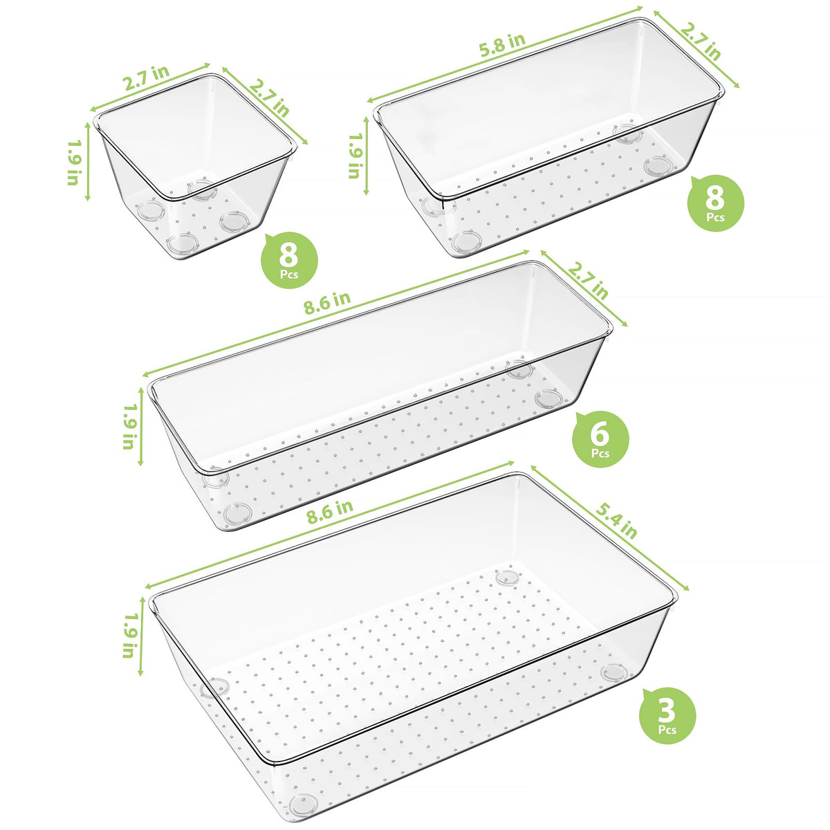25 Piece Clear Drawer Organizer Set, 4 Sizes Bathroom Vanity Organizer Trays and Storage Bins for