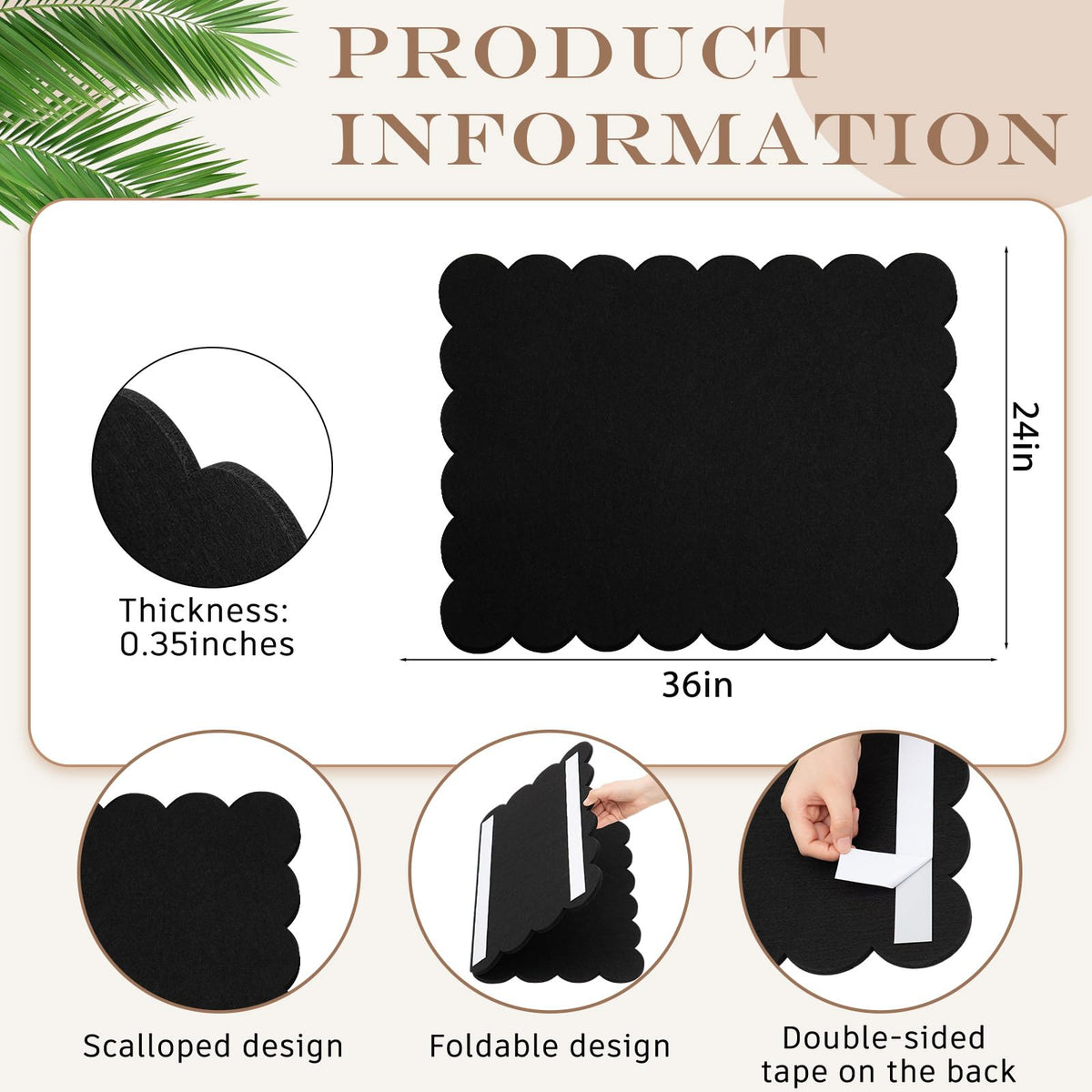 Mooliwe Scalloped Felt Bulletin Cork Board Foldable Black 36 * 24 Inch