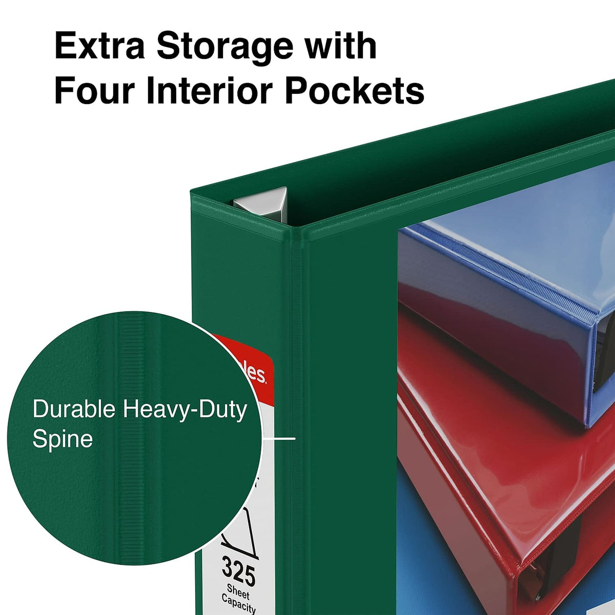 Staples Heavy-Duty 1.5-Inch 3-Ring View Binder, Dark Green, 4 Pockets