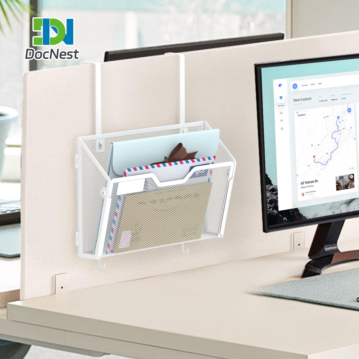 Docnest 3 Pack Mesh Wall File Holders with Hooks for Mail, White