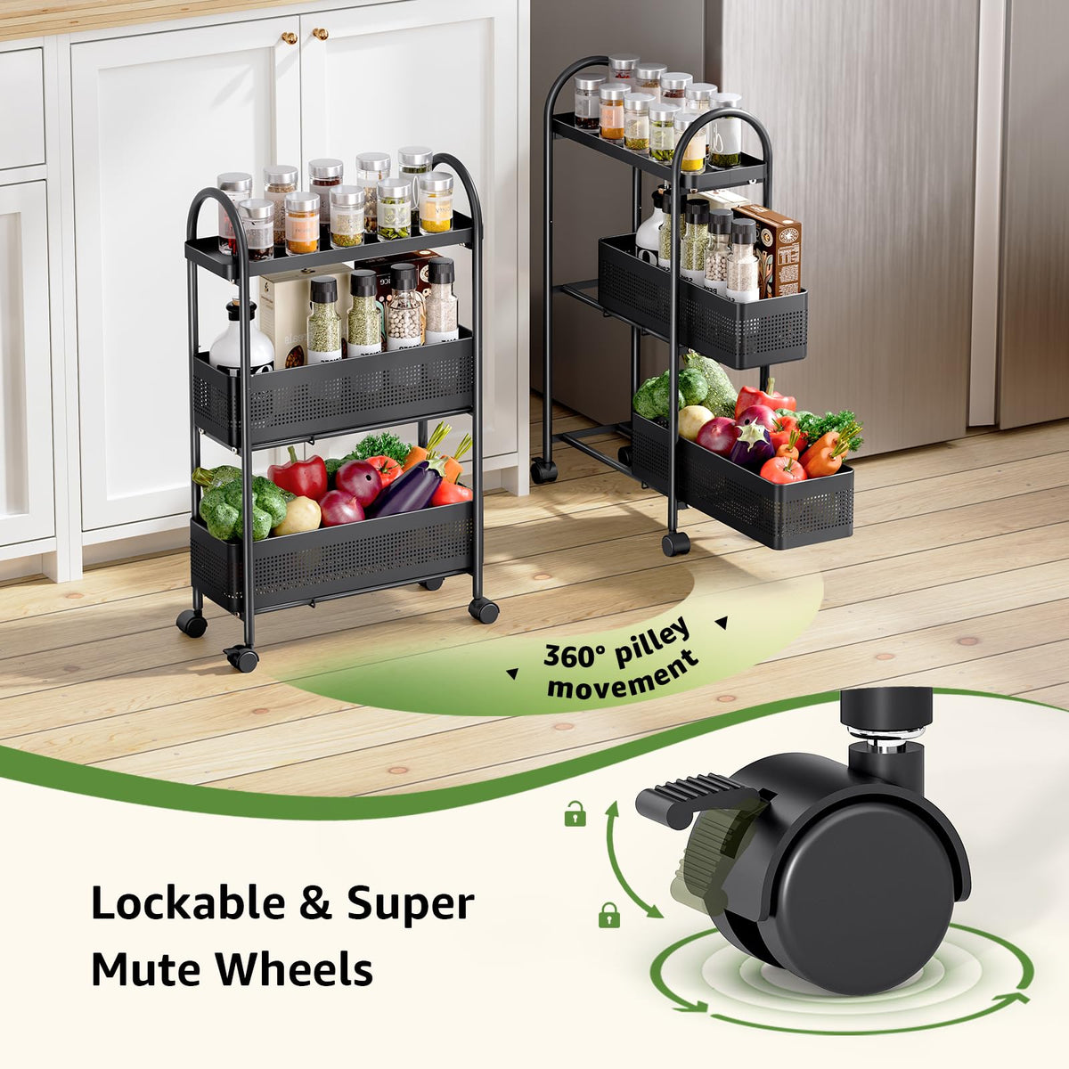 KINGRACK 3 Tier Slim Rolling Cart with Drawer, Metal Utility Storage Cart