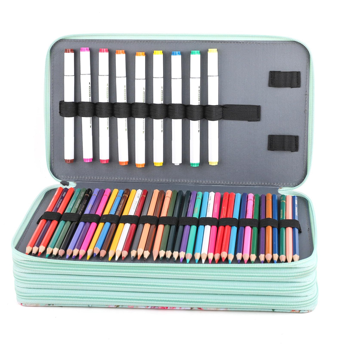 Vomgomfom 300 Slots Marker Case 4-Layer PU Leather, Handle, Grenn Rose