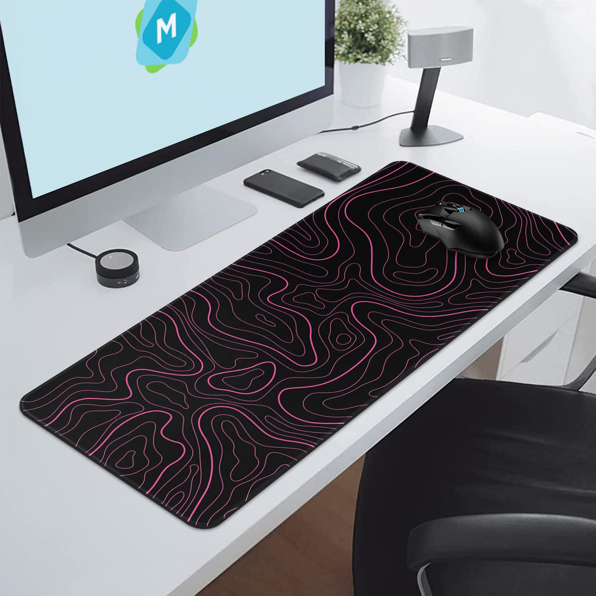 DIGSOM Gaming Mouse Pad, Black with Red Topographic Line, 31.5x11.8in
