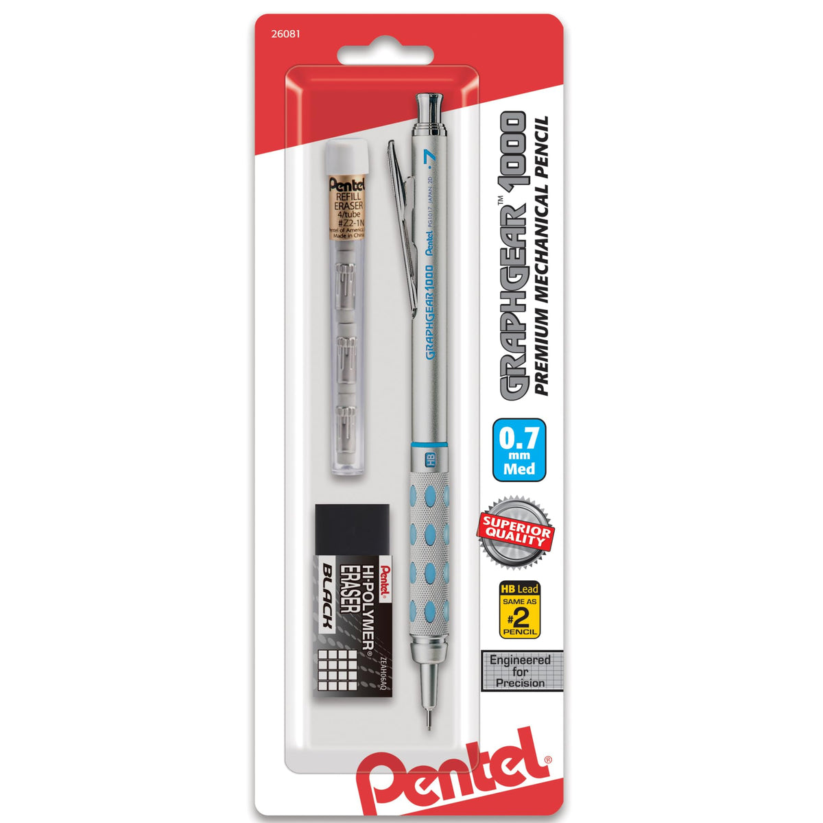 Pentel GraphGear 1000 Automatic Drafting Pencil (0.7mm), with Eraser Refills, 1-Pk (PG1017EBP)