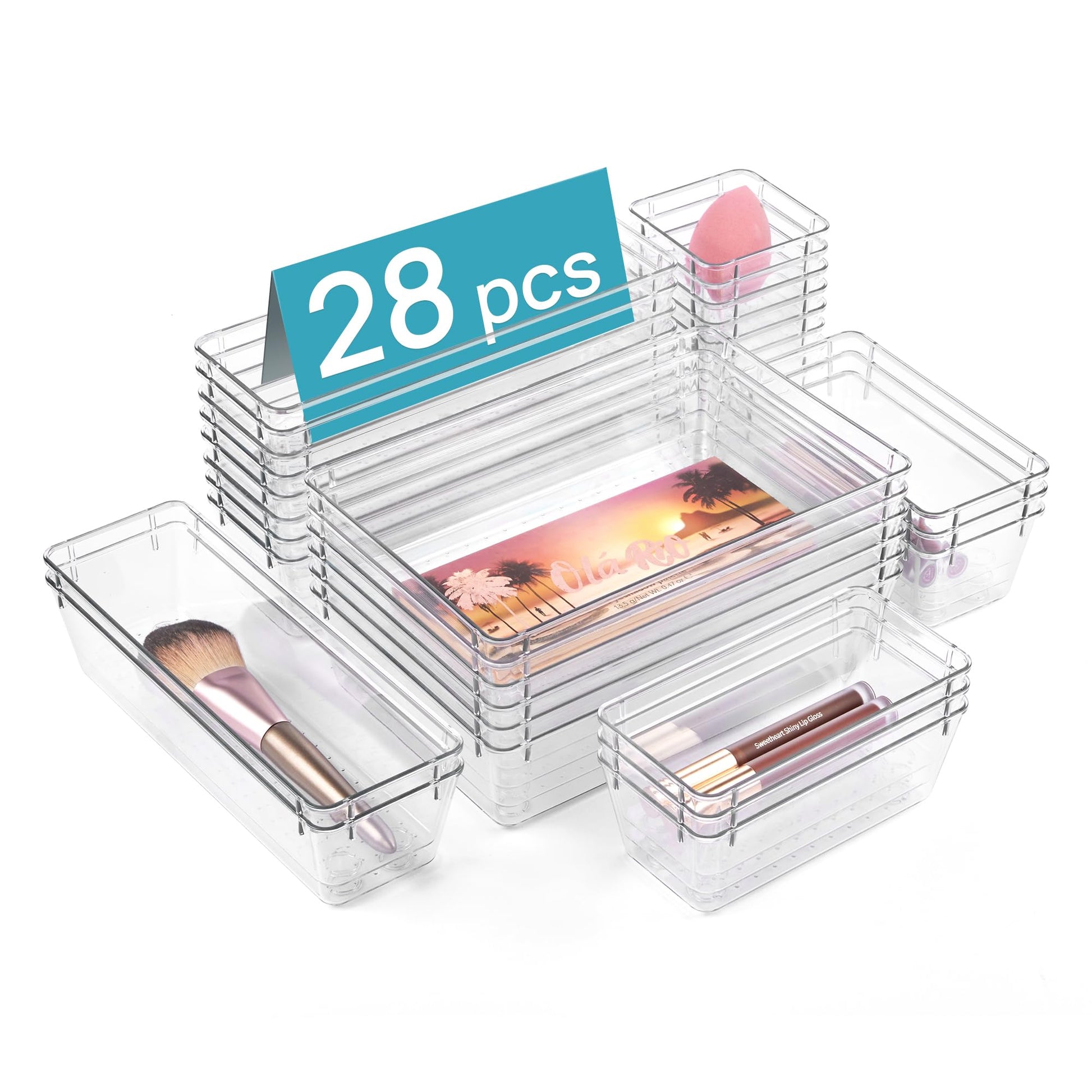 Vtopmart 28 Pack Clear Drawer Organizer Bins, 4 Sizes Storage Trays
