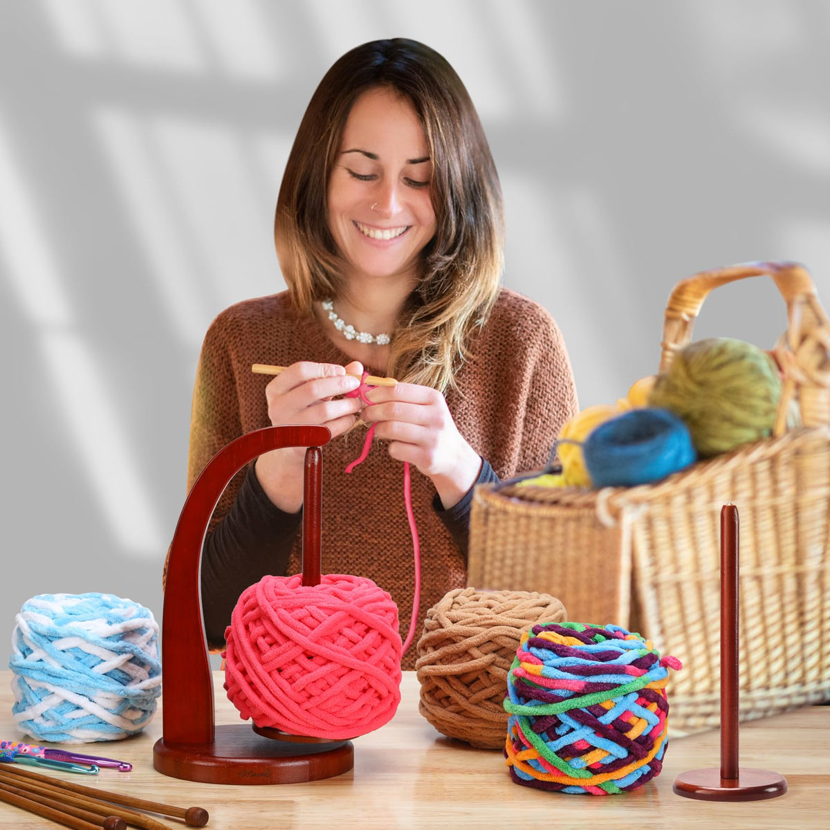 Yarn Holder for Crocheting with Magnetic Yarn spinner-Warm Brown-Standard
