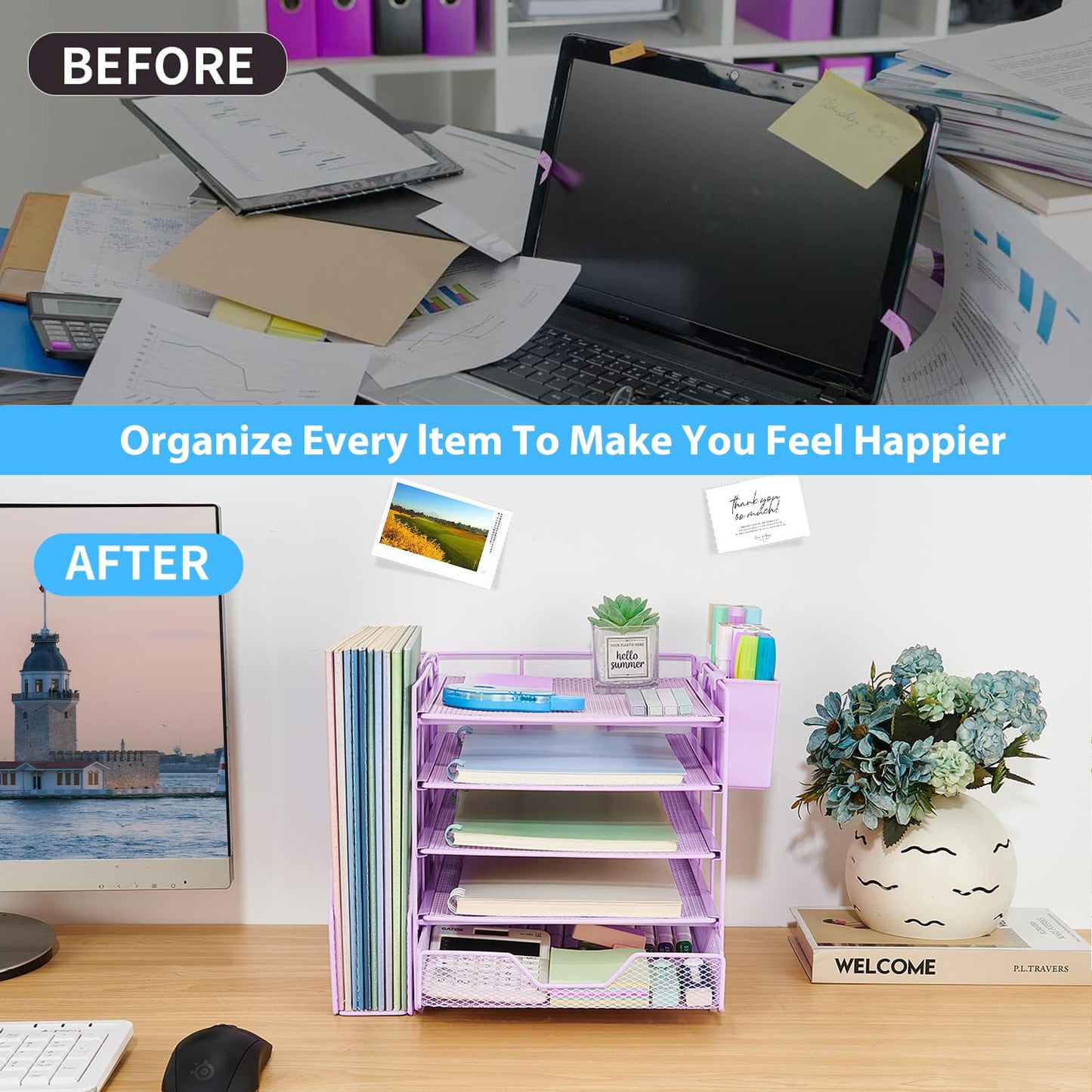 Gugsey 5-Tier Desk File Organizer with Drawer & Pen Holder (Purple)