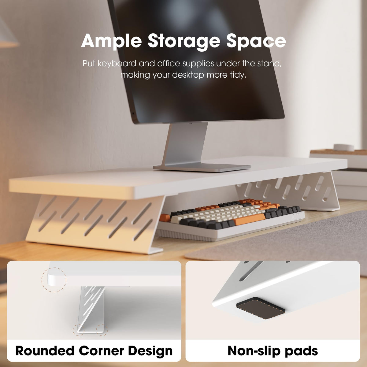 Fenge Monitor Stand Riser, Wooden & Metal Desk Shelf Organizer, White