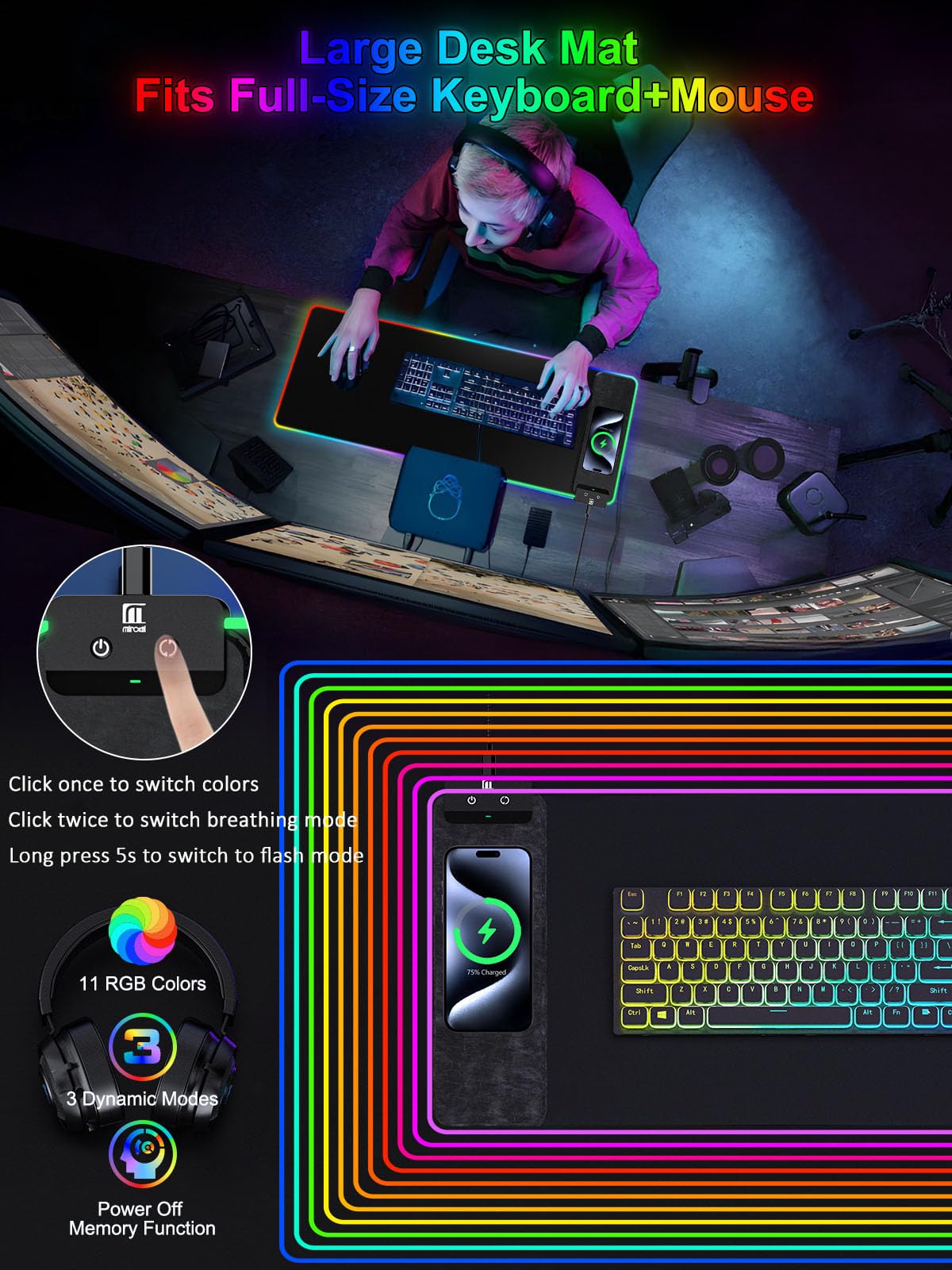 RGB Gaming Mouse Pad with Fast Wireless Charger, LED Extended Desk Mat, Home Office Large Desk Pad