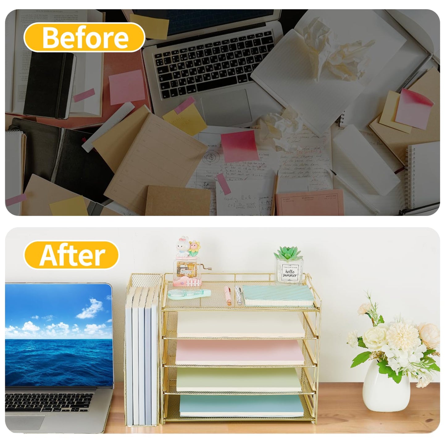 AUPSEN Gold Desk Organizers and Accessories, 5-Tier Desktop Paper File Organizer with Removable