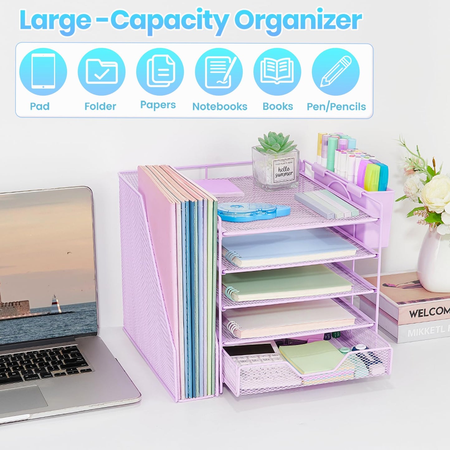 Gugsey 5-Tier Desk File Organizer with Drawer & Pen Holder (Purple)
