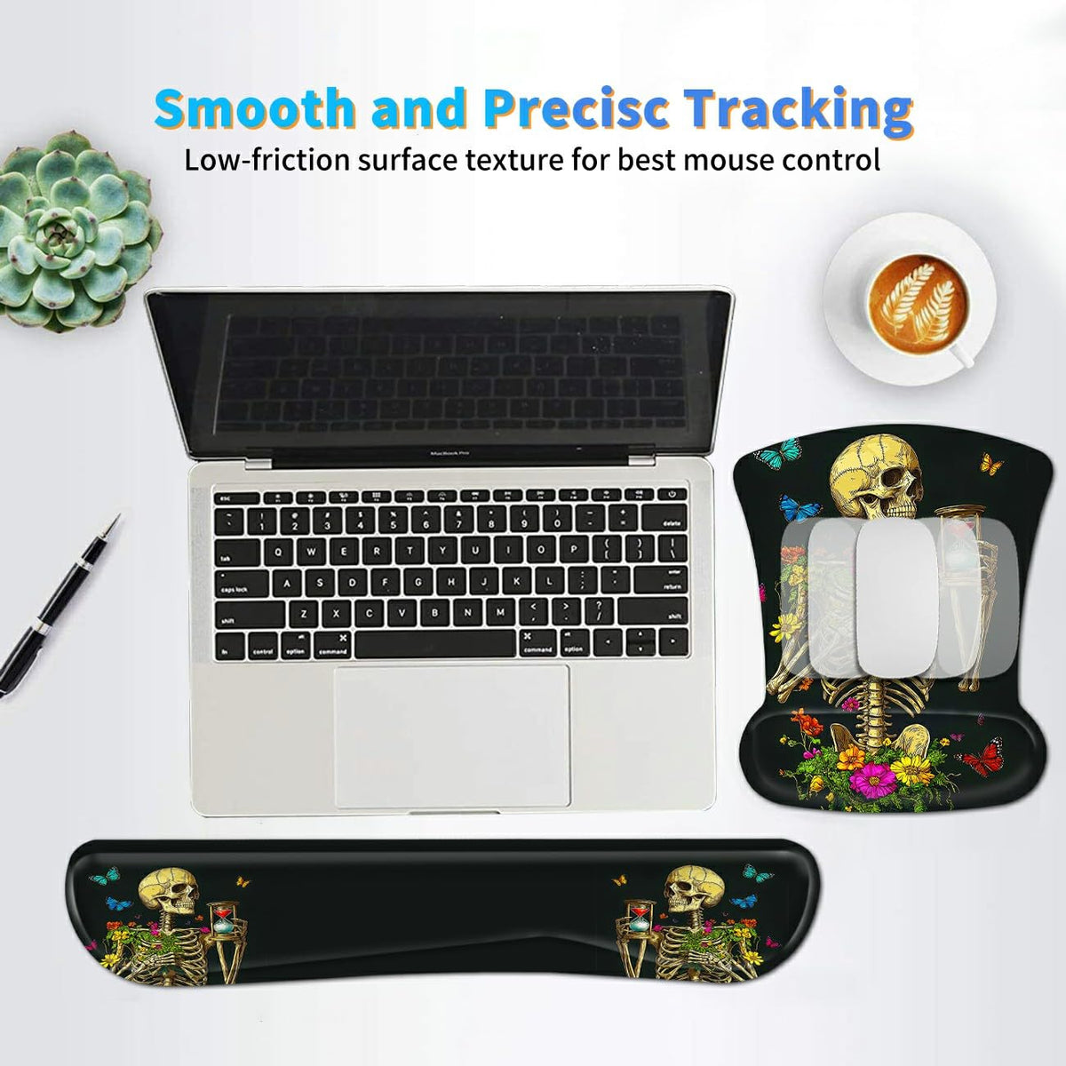 Ergonomic Memory Foam Keyboard Wrist Rest Pad Set, Flower Butterfly Skull