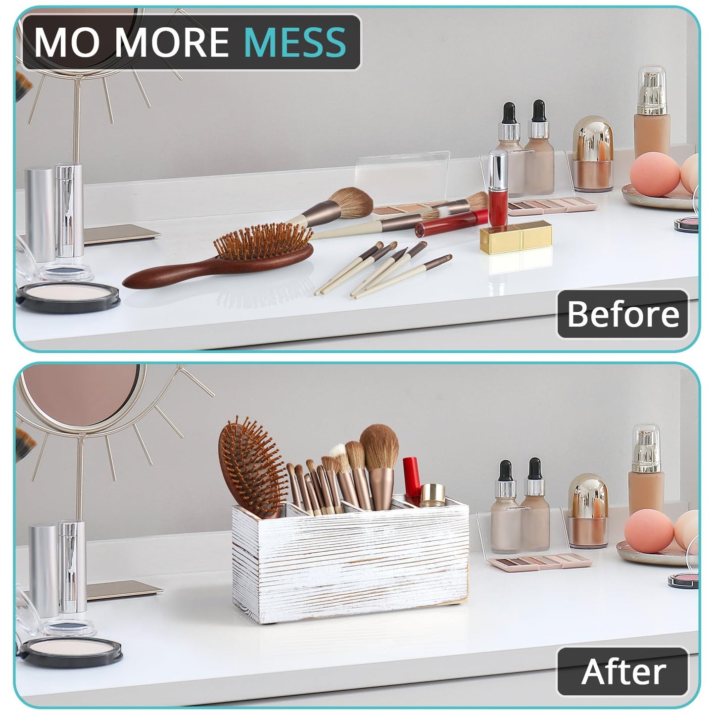 Pencil Pen Holder for Desk, White Washed Wood Office Desk Organizers and Accessories with 4 Slots