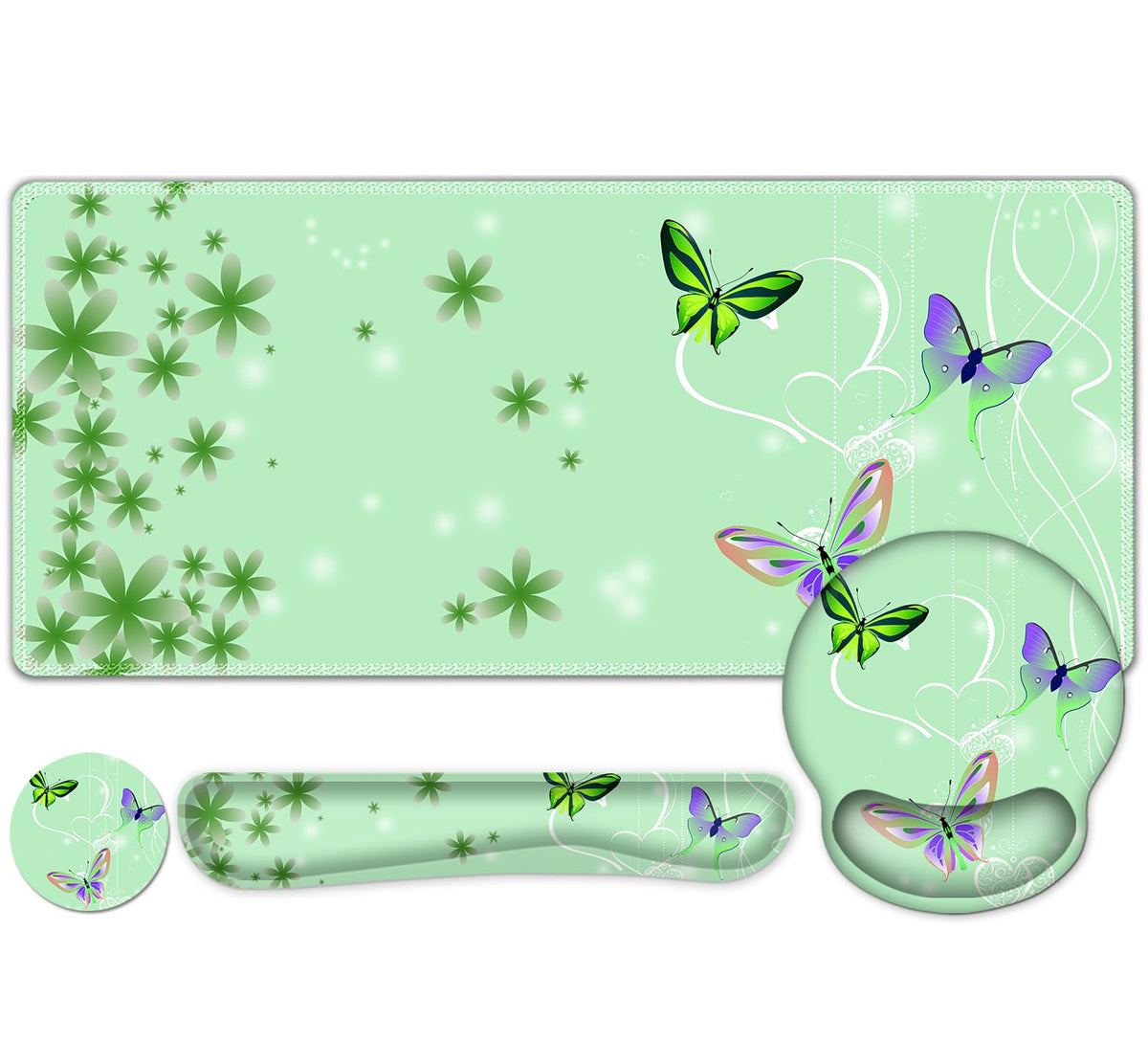 Mint Green Butterflies Florals Mouse Pad, XXL Large Desk Mat Extended Reading Desk pad, 4PCS
