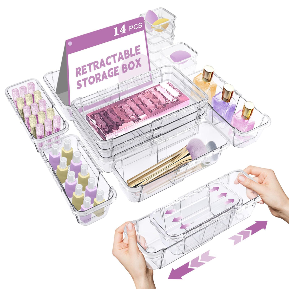 14 Pcs Adjustable Drawer Organizer, Clear Drawer Organizer Expendable