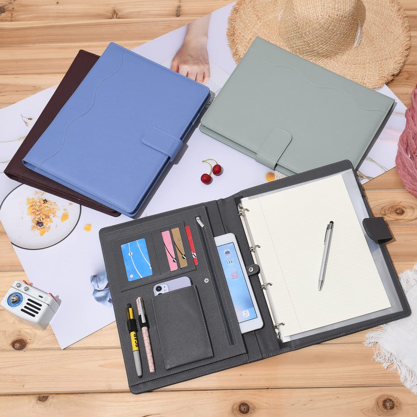 Wonderpool A4 PU Leather 3 & 4 Ring Holder Writing Portfolio Multi Document Case with Removable