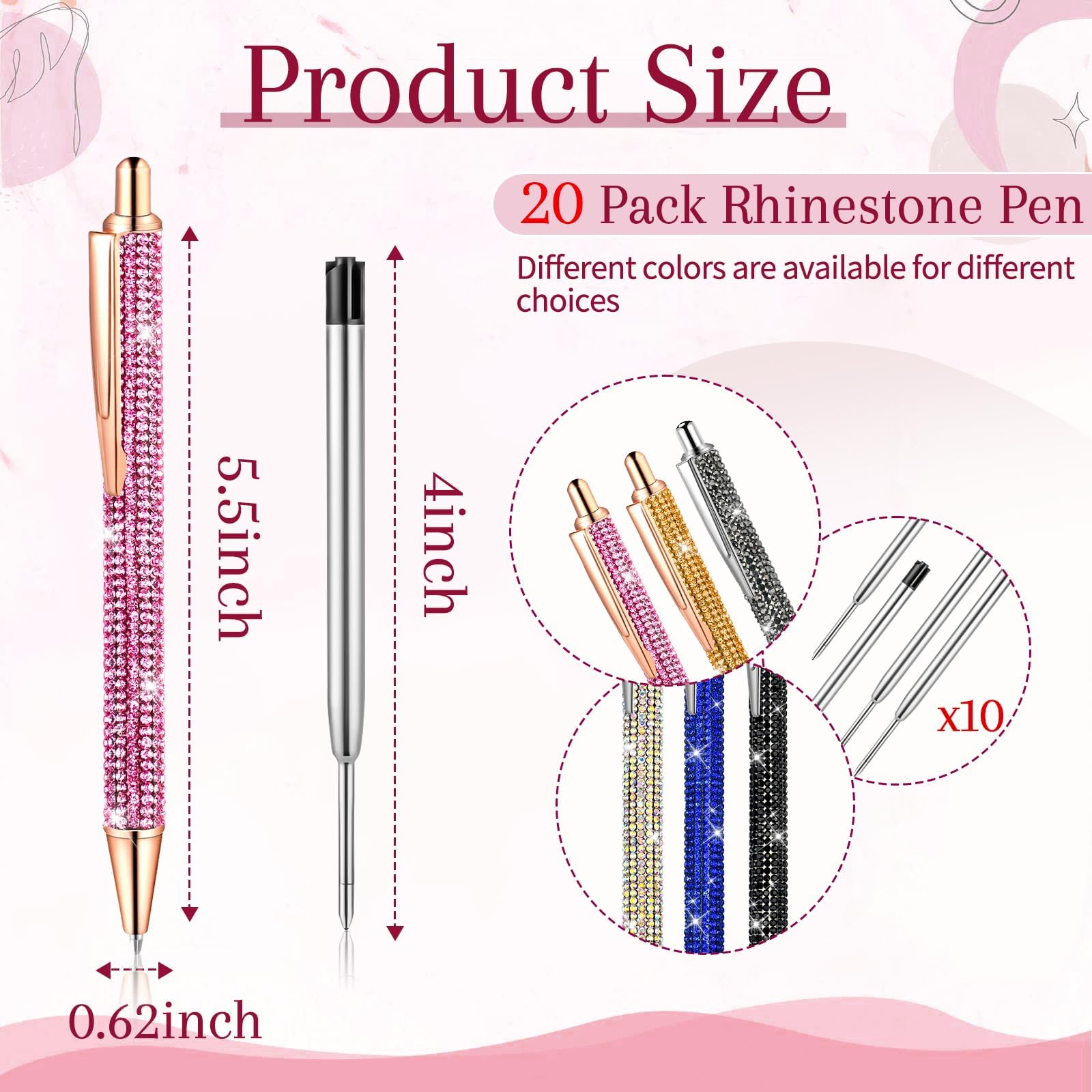 ZSMKJIAYE 20Pcs Rhinestone Pens Bling Metal Ballpoint Diamond Pens Bulk Fancy Sparkly Crystal Press